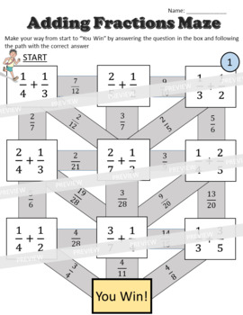 Adding Fractions - 4 Maze Worksheets by Rethink Math Teacher | TpT