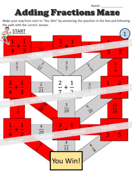 Adding Fractions - 4 Maze Worksheets by Rethink Math Teacher | TpT