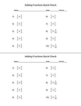 Adding Fractions QUICK CHECK Math Worksheet + Answer Key | TPT