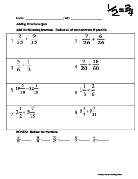 Preview of Adding Fractions Quiz