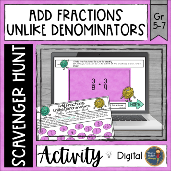 Preview of Adding Fractions Unlike Denominators Digital Math Scavenger Hunt