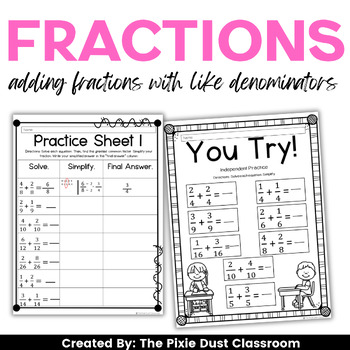 Preview of Adding Fractions With Like Denominators Worksheets Fifth Grade Fraction Activity