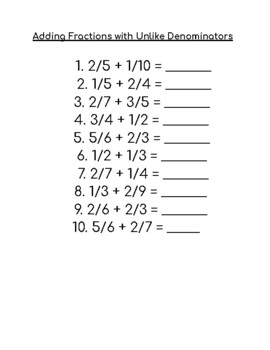 adding unlike fractions worksheets teaching resources tpt