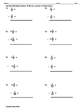 adding fraction and mixed numbers worksheet teaching resources tpt