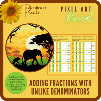 Preview of Adding Fractions w/ Unlike Denominators - Elephant Silhouette Digital Pixel Art