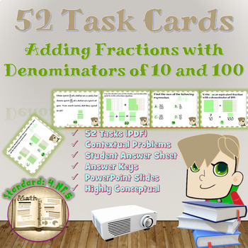 Preview of Adding Fractions with Denominators of 10 & 100 Task Cards