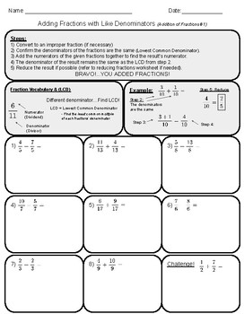 Preview of Adding Fractions with Like Denominators Instruction & Practice