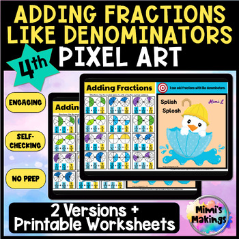 Preview of Adding Fractions with Like Denominators Pixel Art Activity with Printables