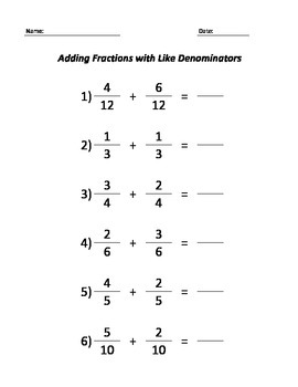 Adding Fractions with Like Denominators Worksheet by Rumans Creations