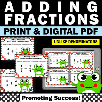 Preview of Adding Fractions with UNLIKE Denominators Task Card Stations Fraction SCOOT Math