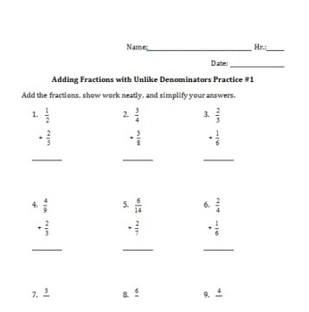 adding fractions with unlike denominators practice worksheet tpt