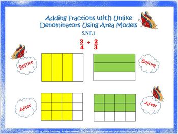 Preview of 5.NF.1 Adding Fractions with Unlike Denominators Using Area Models