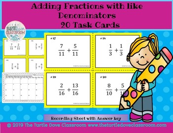 Preview of Adding Fractions with like denominators 20 Task Cards No Prep! Print and Teach!