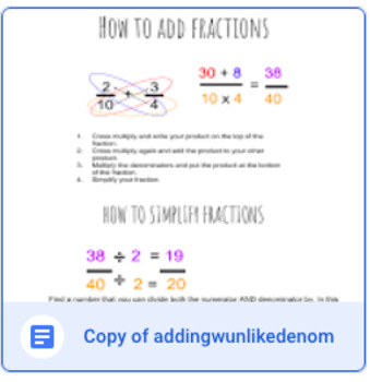 Preview of Adding Fractions with unlike denominators