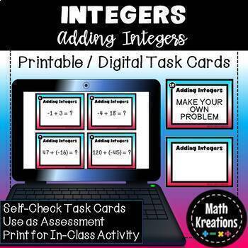 Preview of Adding INTEGERS - Digital or Printable Task Cards | Google Slides