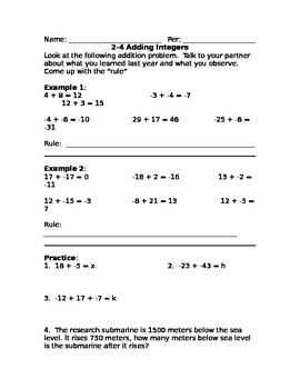 Preview of Adding Integers