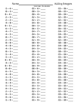 Adding Integers Drill Packet by SchuckMath | TPT