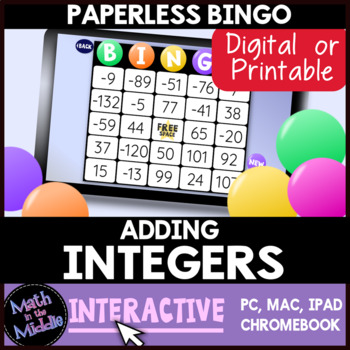 Preview of Adding Integers FREE Interactive Digital Bingo Review Game - Paperless Resource