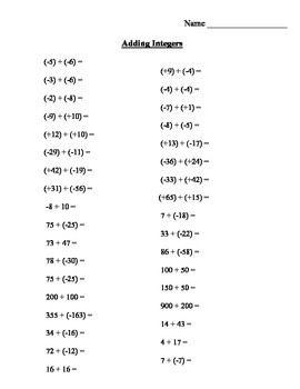 Preview of Adding Integers Free Worksheets
