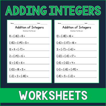 Preview of Adding Integers Math Worksheets - Addition of Positive and Negative Numbers