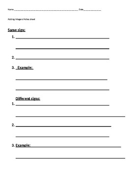 Preview of Adding Integers Note Sheet Handout