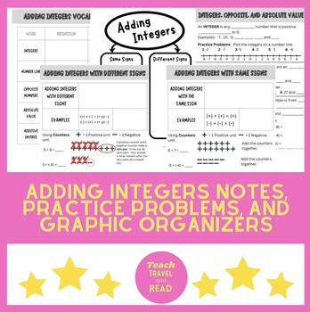 Preview of Adding Integers Notes, Practice Problems, and Graphic Organizers