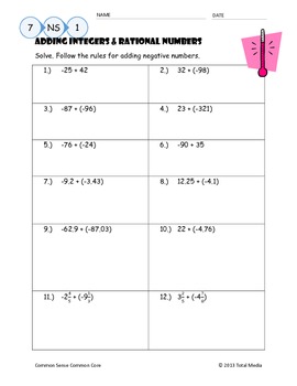 Adding Integers & Rational Numbers Worksheet by April Langelett | TpT