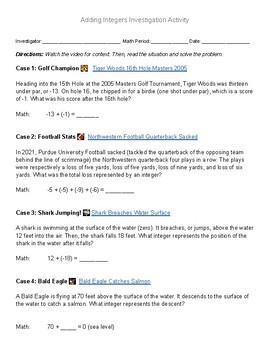 Preview of Adding Integers Real World Investigation Inquiry Based Activity w/ Videos