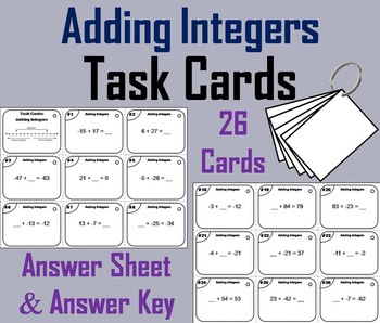 Preview of Adding Integers Task Cards Activity 5th 6th 7th 8th Grade