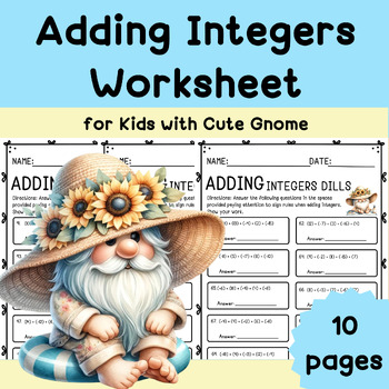 Preview of Adding Integers dill Worksheet, Cute Gnome,Gnome adding integers