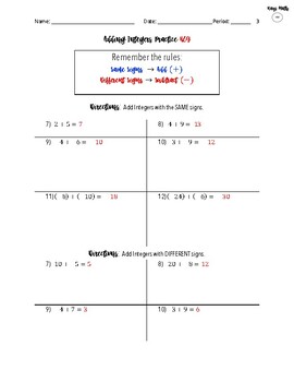 Adding Integers Worksheets by Hays Math | Teachers Pay Teachers