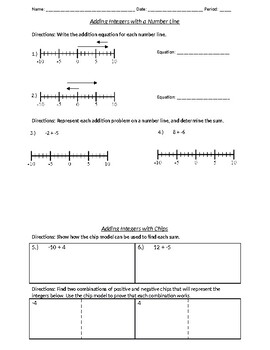 Preview of Adding Integers on a Number Line & with Chips Homework Practice