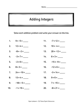 Adding Integers practice by Ryan's Resources | Teachers Pay Teachers