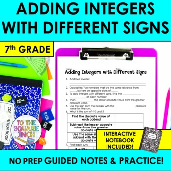 Preview of Adding Integers with Different Signs Notes & Practice | + Interactive Notebook