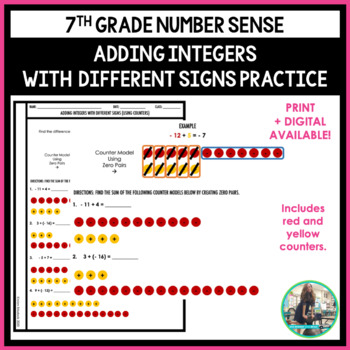 Preview of Adding Integers Different Signs + Counters Practice Worksheet (Print + Digital)