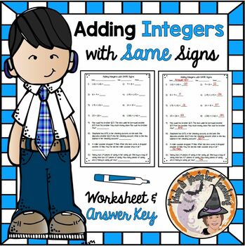 Preview of Adding Integers with SAME Signs Worksheet with Answer KEY Word Problems
