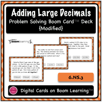 Preview of Adding Large Decimals Word Problem Boom Card Deck {With Visual Supports}