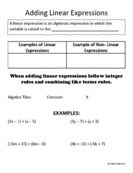 Preview of Adding Linear Expressions Notes