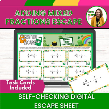 Preview of Adding Mixed Fractions 5/6th Grade Math Self-Checking Digital Escape Room
