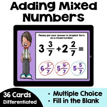 Preview of Adding Mixed Numbers Boom Cards - Self Correcting