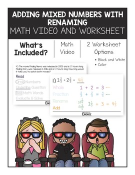 Preview of 4.NF.3: Adding Mixed Numbers With Renaming Math Video and Worksheet