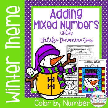 Preview of Adding Mixed Numbers with Unlike Denominators Color by Number-Winter Theme