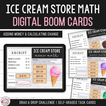 Preview of Adding Money & Calculating Change Ice Cream Store Menu Math Boom Cards