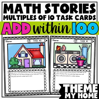 Preview of Adding Multiples of 10 within 100 Math Stories Task Cards