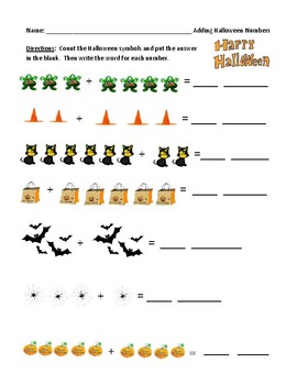 Preview of Halloween Addition Review: Adding Numbers One to Ten Worksheet with Answer Key