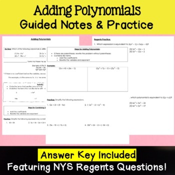 Preview of Adding Polynomials Notes and Practice - Algebra 1 Regents