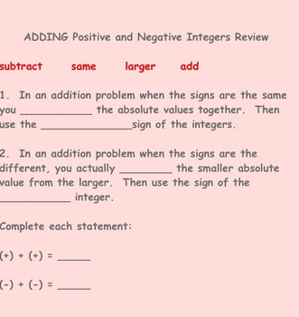 Preview of Adding Positive and Negative Integers Review on Smartboard