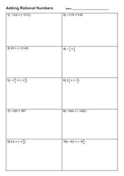 Adding Rational Numbers Worksheet by Tricks and Treats for Teaching