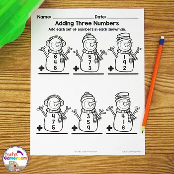 Adding Three Numbers Winter Worksheets by Teacher Gameroom | TpT