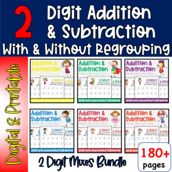 Preview of Adding & Subtracting 2-Digit BUNDLE - With and Without Regrouping, Google Slides